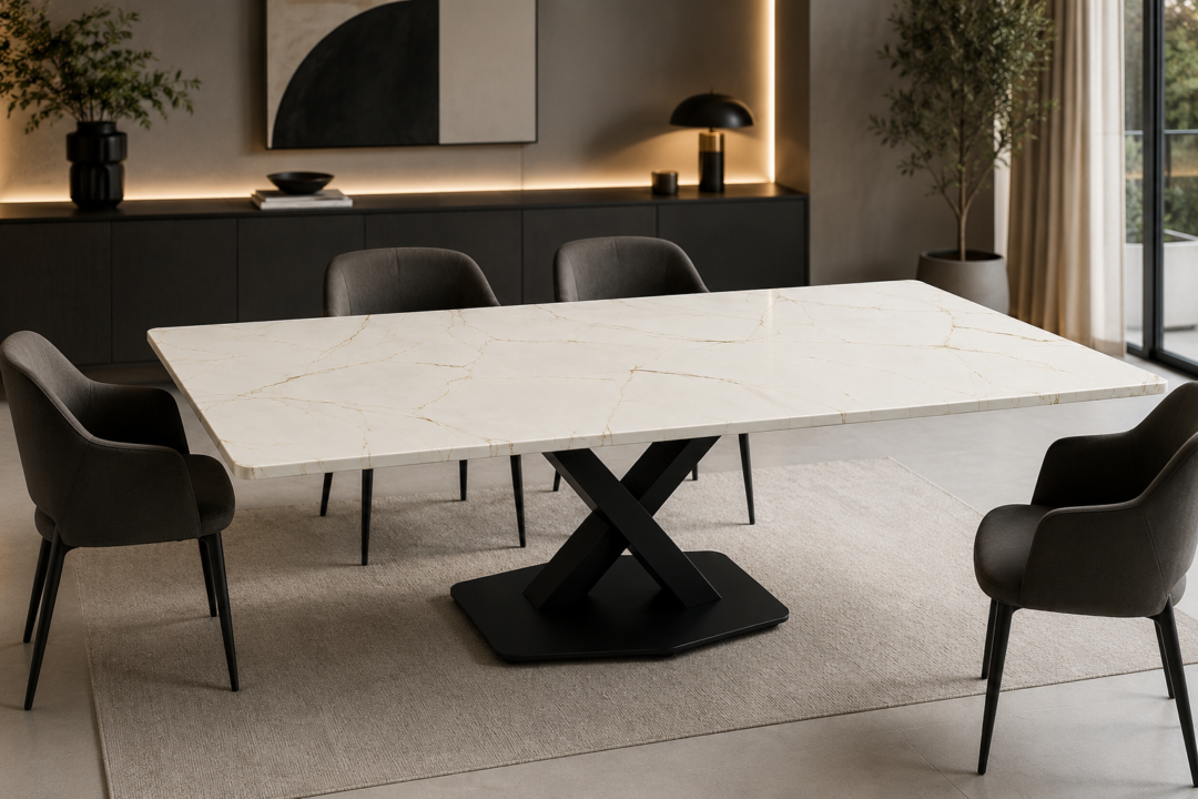 Mesa moderna con sillas elegantes.